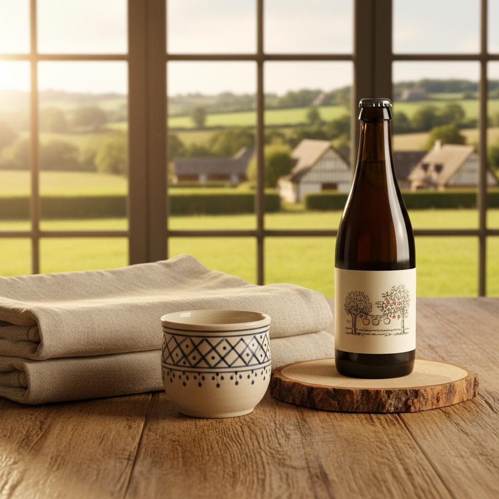 Conception d'une gamme de 10 produits régionaux personnalisés : tasses en céramique, sacs en lin, sets de table en bois, cidre étiqueté, savon artisanal. 100% Made in France.