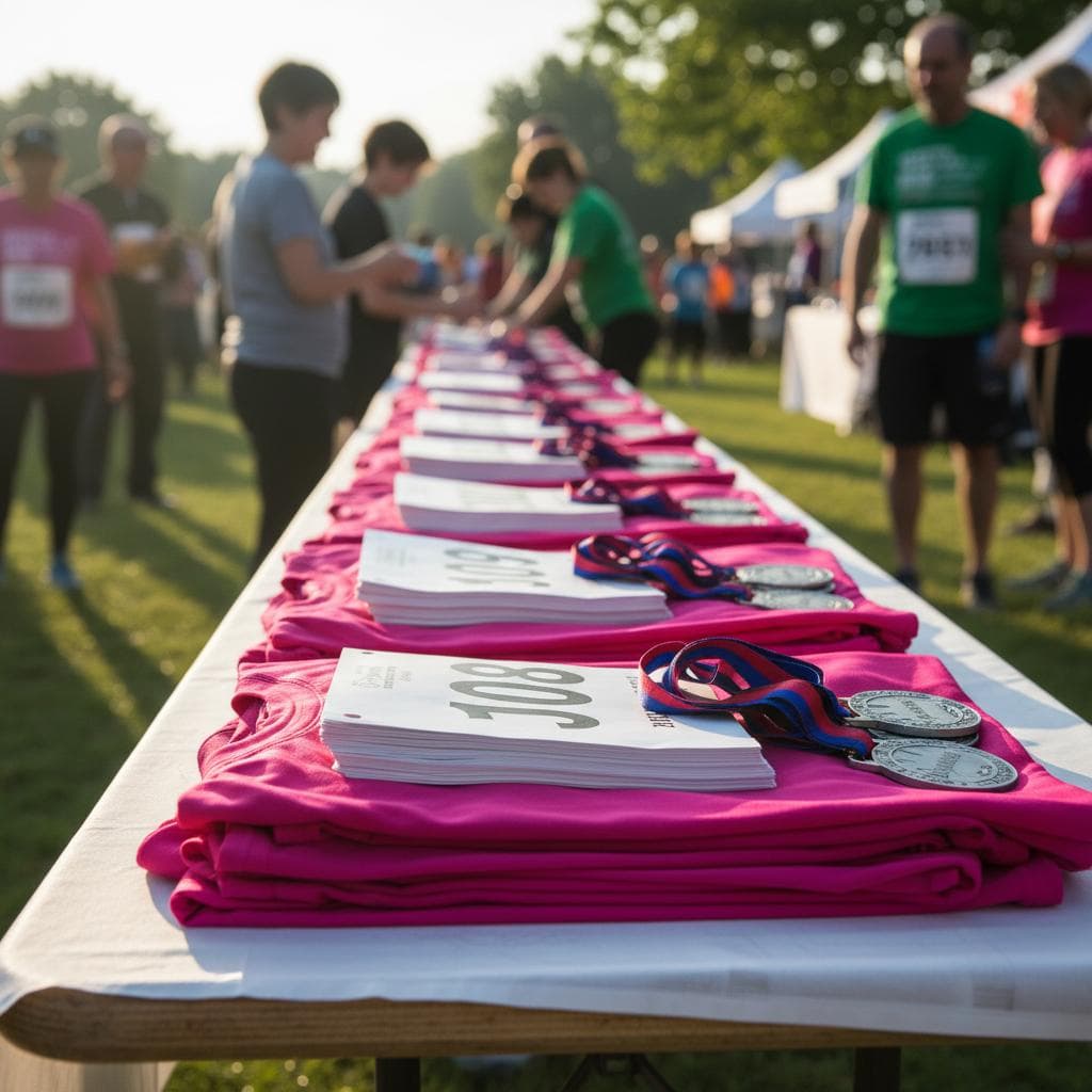 Production de 4000 t-shirts roses pour une course caritative contre le cancer du sein. Impression sérigraphie recto-verso, dossards intégrés, conditionnement par taille.